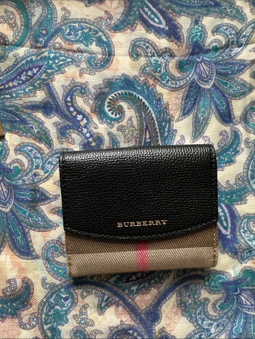 Burberry Black Leather & Beige Check Wallet with Red Stripe